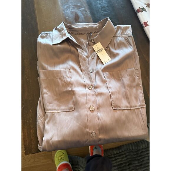 Anthropologie Long Sleeve Satin Gray Button Up Blouse NWT - Picture 5 of 9